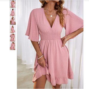 Swiss Dot Butterfly Sleeve Ruffle Hem Dress